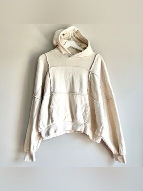 Aerie patchwork hoodie sweatshirt small cream boxy oversize pullover sherpa cozy